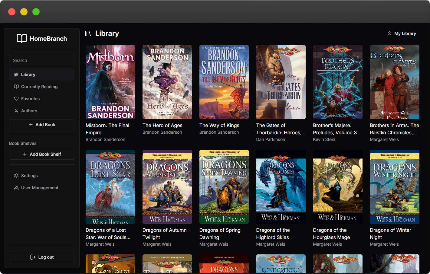 HomeBranch application screenshot showing the library view